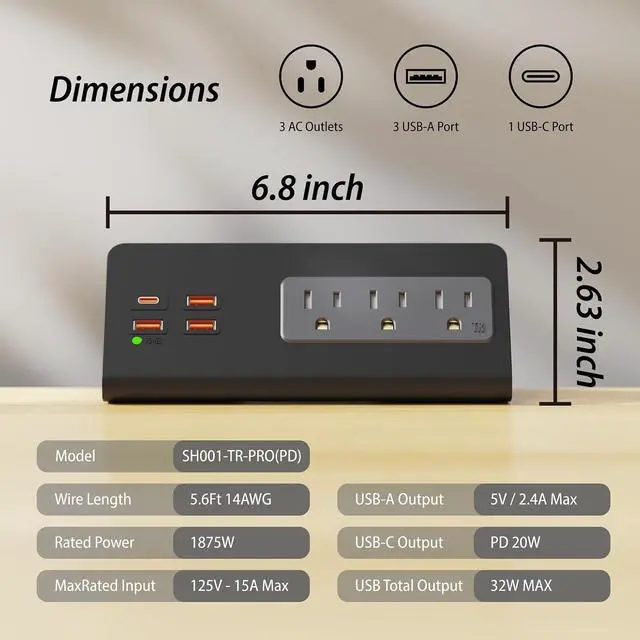 Alt view image 4 of 7 - Power Charge Station Edge clamp Mount 15A 1875W with USB-C portsTabletop Surge Protector Desk Clamp Power Sockets with 3 AC Outlets and 4 Fast Charging USB Ports PD 30W Fast Charging
