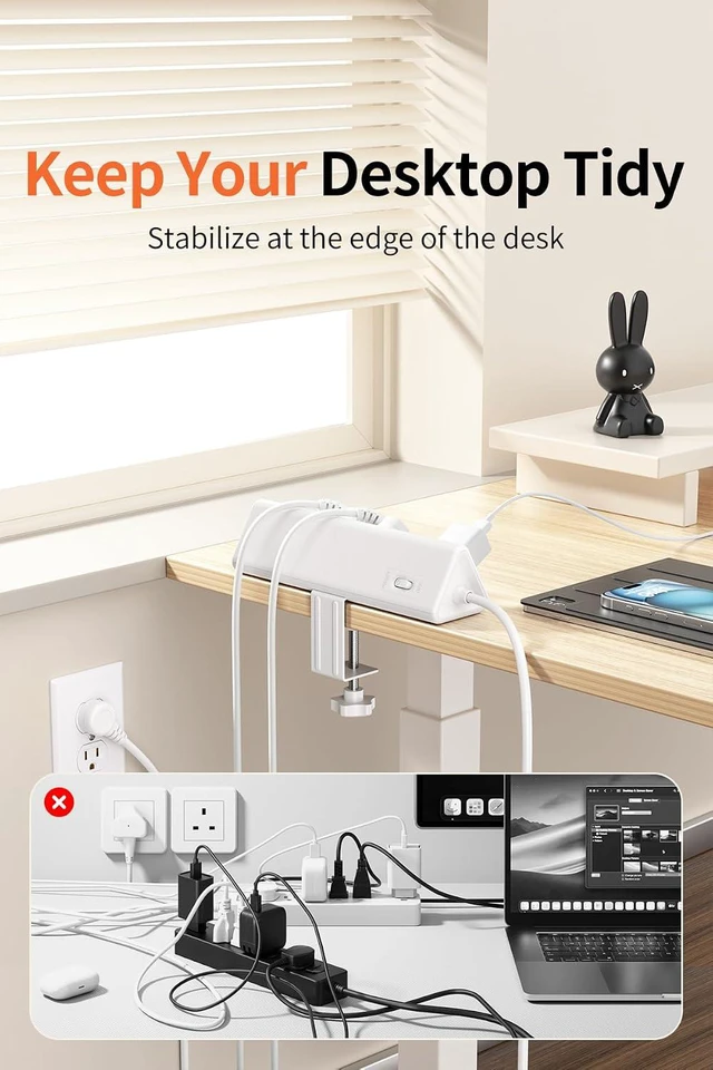 Alt view image 4 of 7 - 6.5 FT Desk Clamp Power Strip 5 AC Outlets & 6 USB Ports with PD 40W USB-C Fast Charging, 1250J Surge Protector, Fits 2.1 in Top Edge, White
