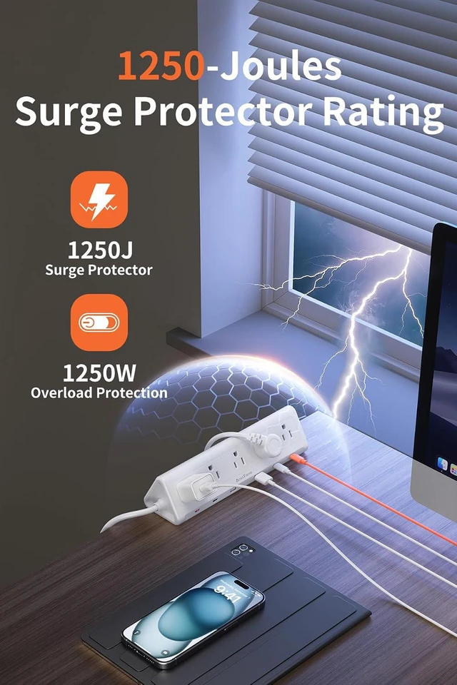 Alt view image 5 of 7 - 6.5 FT Desk Clamp Power Strip 5 AC Outlets & 6 USB Ports with PD 40W USB-C Fast Charging, 1250J Surge Protector, Fits 2.1 in Top Edge, White