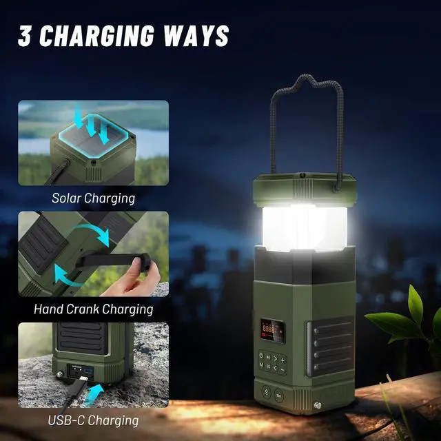 Alt view image 2 of 7 - Libovgogo DF-585 Emergency LED Camping Lantern,IPX5 Waterproof Stereo Bluetooth Speaker,Hand Crank NOAA Weather Alert Radio with Solar,Portable AM FM Radio with Flashlight,5000mAH Cell Phone Charger