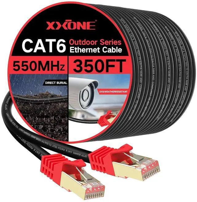 Main image of XXONE Outdoor Cat 6 Ethernet Cable 350ft, 26AWG Heavy-Duty Cat6 Networking Cord Patch Cable RJ45 LAN Wire Cable FTP Waterproof Direct Burial