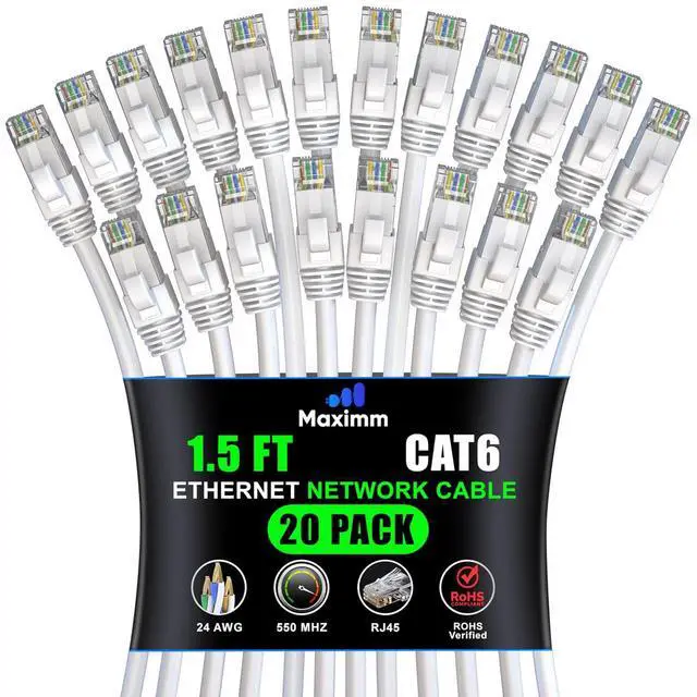 Main image of Maximm Cat6 Ethernet Cable 1.5 Ft White (20-Pack), 10Gbps 550MHz UTP Cord