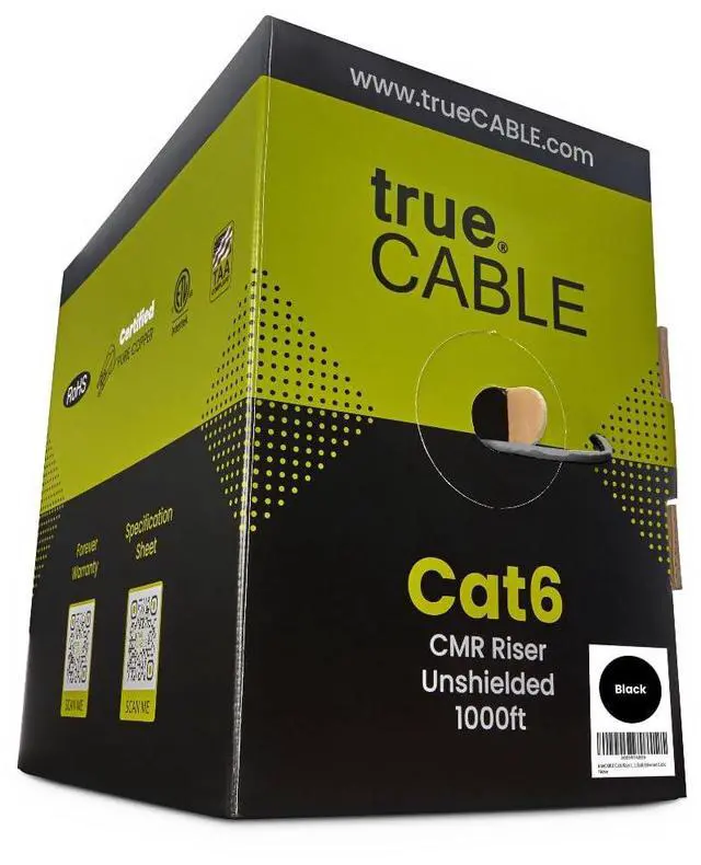 Main image of trueCABLE Cat6 Riser (CMR), 1000ft, Black, 23AWG 4 Pair Solid Bare Copper, 550MHz, PoE++ (4PPoE), ETL Listed, Unshielded Twisted Pair (UTP), Bulk Ethernet Cable
