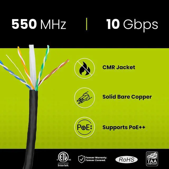 Alt view image 2 of 7 - trueCABLE Cat6 Riser (CMR), 1000ft, Black, 23AWG 4 Pair Solid Bare Copper, 550MHz, PoE++ (4PPoE), ETL Listed, Unshielded Twisted Pair (UTP), Bulk Ethernet Cable