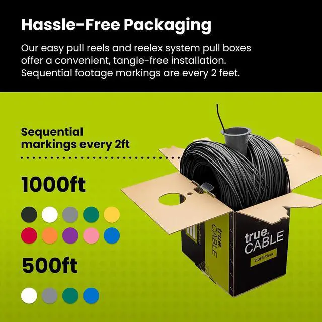 Alt view image 5 of 7 - trueCABLE Cat6 Riser (CMR), 1000ft, Black, 23AWG 4 Pair Solid Bare Copper, 550MHz, PoE++ (4PPoE), ETL Listed, Unshielded Twisted Pair (UTP), Bulk Ethernet Cable