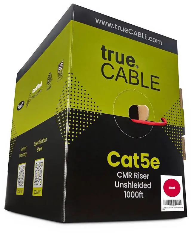 Main image of trueCABLE Cat5e Riser (CMR), 1000ft, Red, 24AWG 4 Pair Solid Bare Copper, 350MHz, PoE++ (4PPoE), ETL Listed, Unshielded Twisted Pair (UTP), Bulk Ethernet Cable