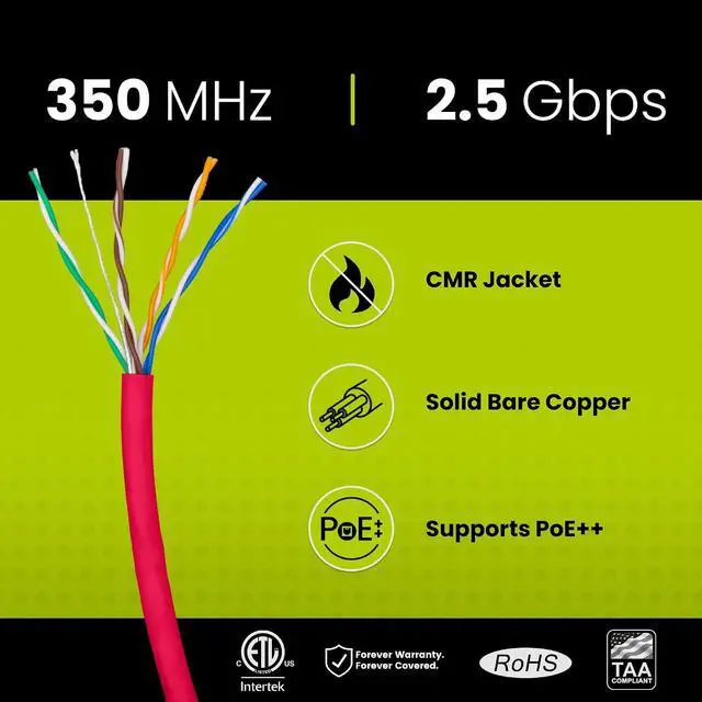 Alt view image 2 of 7 - trueCABLE Cat5e Riser (CMR), 1000ft, Red, 24AWG 4 Pair Solid Bare Copper, 350MHz, PoE++ (4PPoE), ETL Listed, Unshielded Twisted Pair (UTP), Bulk Ethernet Cable