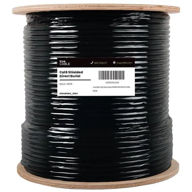 Alt view image 2 of 7 - TRUE CABLE Cat6 Direct Burial Outdoor Bulk Ethernet Cable, Shielded F/UTP, 500ft, Black, 23AWG Solid Bare Copper, Heavy Duty Outdoor, OSP Jacket, Waterproof, UV, 550MHz, PoE++ 100W (4PPoE)