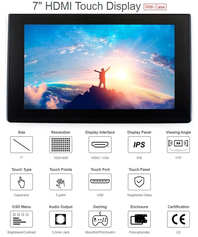 Alt view image 2 of 5 - 7inch HDMI LCD (H) (with case) Capacitive Touch Screen 1024x600 IPS Display Monitor Compatible with Raspberry Pi 5/4B/3B+/3B/Pi Zero W/Zero 2W/Pico/Pico W/Pico 2/Pico 2WJetson Nano/Win10/8/7