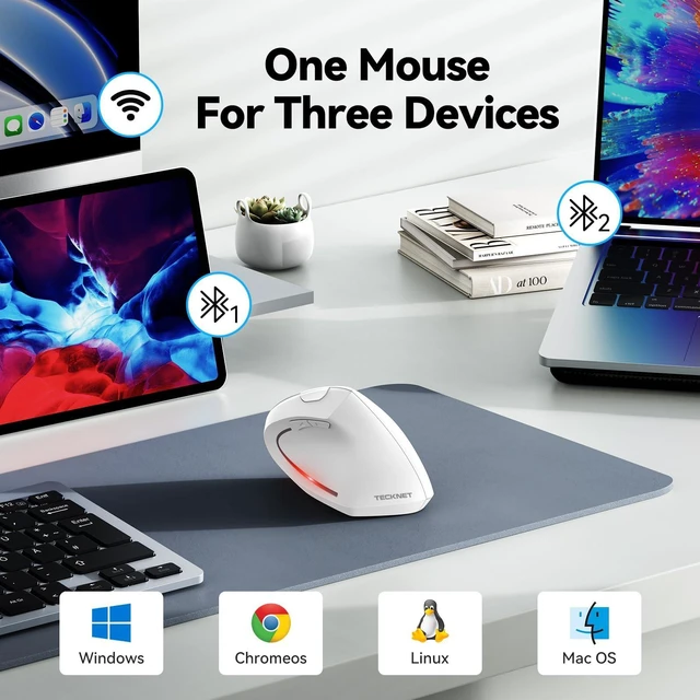 Alt view image 2 of 5 - TECKNET Ergonomic Mouse, 4800 DPI Wireless Bluetooth Vertical, 3-Device