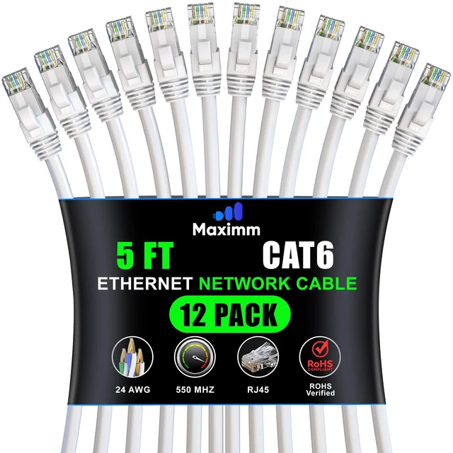 Main image of Maximm Cat6 Ethernet Cable 5 Ft, 10 Gbps 550 MHz, White, 12 Pack
