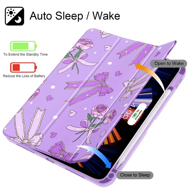 Alt view image 3 of 5 - Tuiklol Case for iPad 11 inch (A16 Chip) 2025 Gen 11th / iPad 10.9 inch 2022 10th Gen, Buit in Pencil Holder with Shockproof Cover Clear Transparent Back Shell Auto Wake/Sleep,Bow & Rose Purple