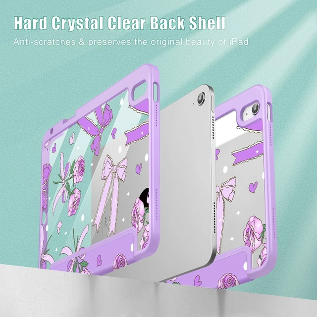 Alt view image 4 of 5 - Tuiklol Case for iPad 11 inch (A16 Chip) 2025 Gen 11th / iPad 10.9 inch 2022 10th Gen, Buit in Pencil Holder with Shockproof Cover Clear Transparent Back Shell Auto Wake/Sleep,Bow & Rose Purple