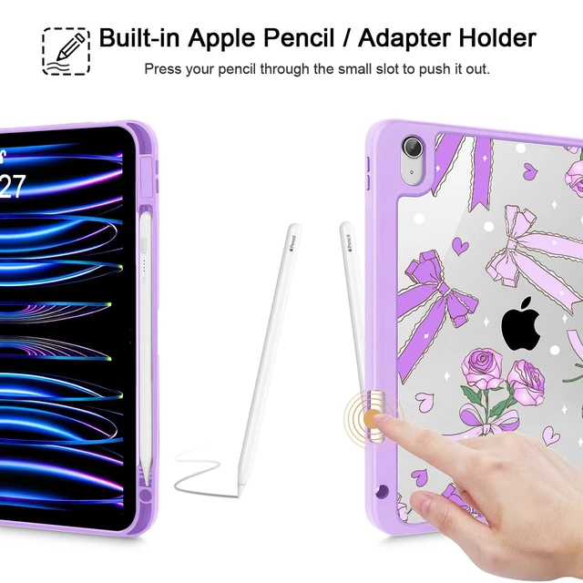 Alt view image 5 of 5 - Tuiklol Case for iPad 11 inch (A16 Chip) 2025 Gen 11th / iPad 10.9 inch 2022 10th Gen, Buit in Pencil Holder with Shockproof Cover Clear Transparent Back Shell Auto Wake/Sleep,Bow & Rose Purple