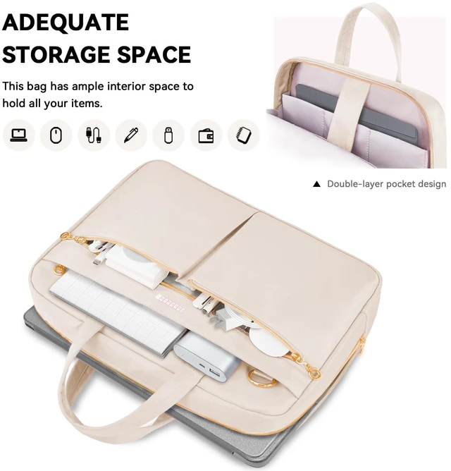 Alt view image 2 of 5 - Ferkurn Laptop Bag Case Women Men Computer Bag Compatible with MacBook/HP/LG/Dell, Shoulder Strap Slim Carrying Messenger Briefcase, Beige, 14 Inch
