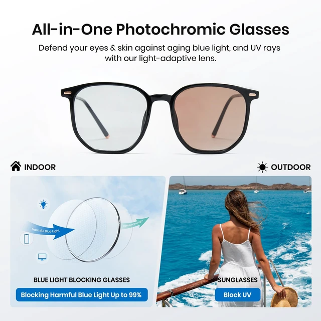 Alt view image 5 of 5 - Cyxus Photochromic Blue Light Glasses for Men Women Computer Glasses UV Protection Glasses 8255 (Bright Black Frame White to Brown)
