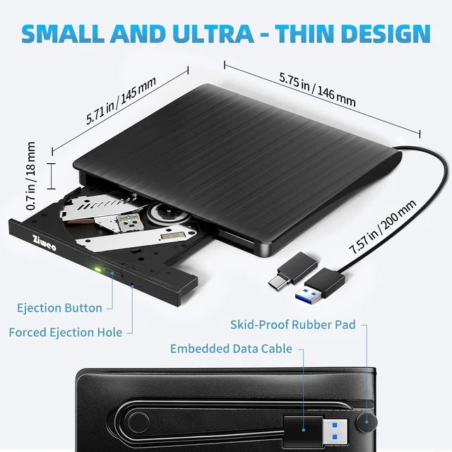 Alt view image 5 of 5 - External USB 3.0 Type-C CD DVD +/-RW Drive - Portable CD ROM Reader & DVD Burner with Protective Carrying Case for Laptop/Desktop PC/Mac/Windows/Linux
