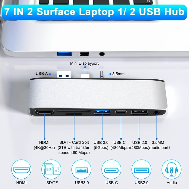 Alt view image 2 of 5 - Surface Laptop 2 Accessories, Hub Docking Station with 4K HDMI, USB 3.0, USB 2.0, USB C, SD/TF Card Slot, 3.5mm Audio Port - Hub for Surface Laptop 1/2