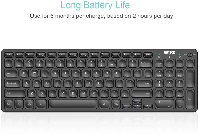 Alt view image 4 of 5 - Arteck 2.4G Wireless Keyboard Ultra Slim Full Size Keyboard with Numeric Keypad and Media Hotkey for Computer/Desktop/PC/Laptop/Surface/Smart TV and Windows 10/8/ 7 Built-in Rechargeable Batter