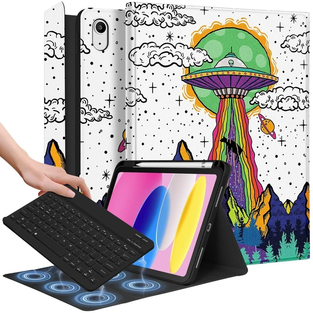 Main image of Wazzasoft for iPad 10th Generation Case with Keyboard - for iPad A16 Cases Pencil Holder 10.9 Inch Cover Men Boys Cute Cool Fun Alien Unique Design Funda for Apple Tablet 10th/11th gen