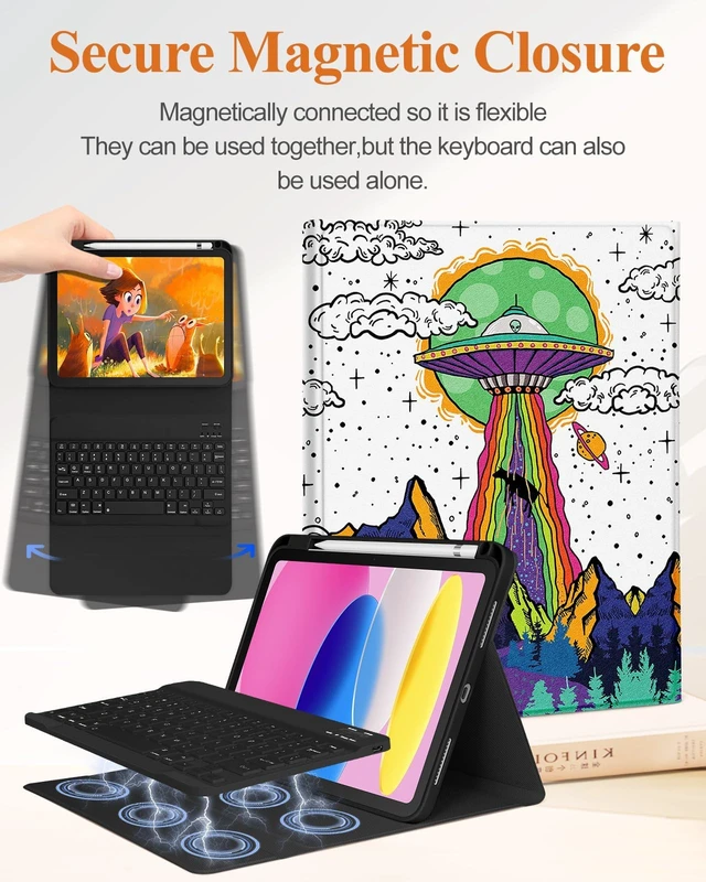 Alt view image 4 of 5 - Wazzasoft for iPad 10th Generation Case with Keyboard - for iPad A16 Cases Pencil Holder 10.9 Inch Cover Men Boys Cute Cool Fun Alien Unique Design Funda for Apple Tablet 10th/11th gen
