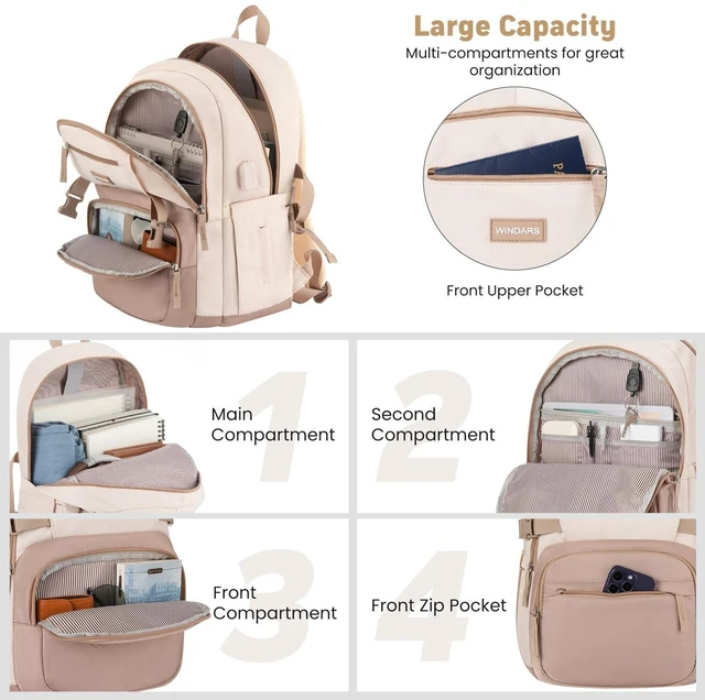 Alt view image 2 of 5 - WINDARS Backpack for School Girls, Cute High School Backpacks for Teens Women Student Large Bookbag 15.6 Inch Laptop Bag with USB Charger Port for College Work Travel Trip (Khaki Beige)