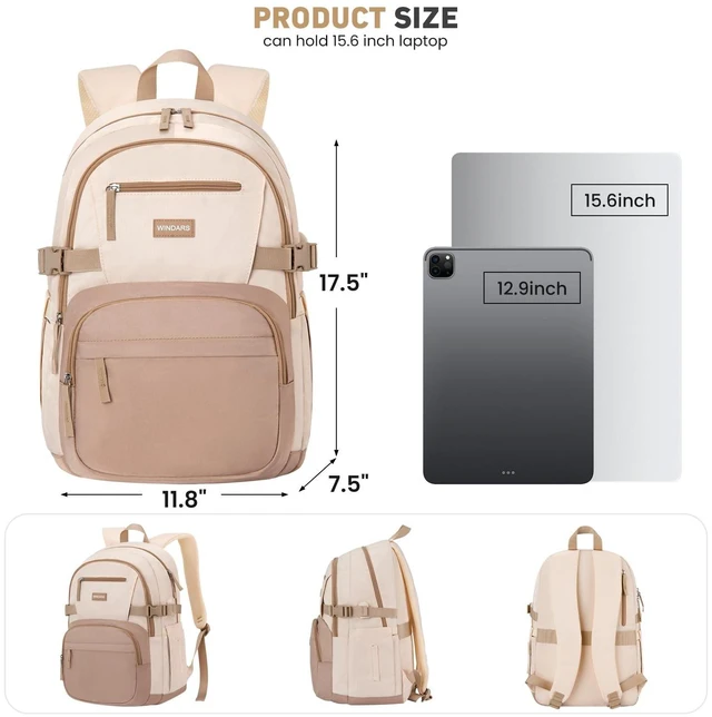 Alt view image 3 of 5 - WINDARS Backpack for School Girls, Cute High School Backpacks for Teens Women Student Large Bookbag 15.6 Inch Laptop Bag with USB Charger Port for College Work Travel Trip (Khaki Beige)
