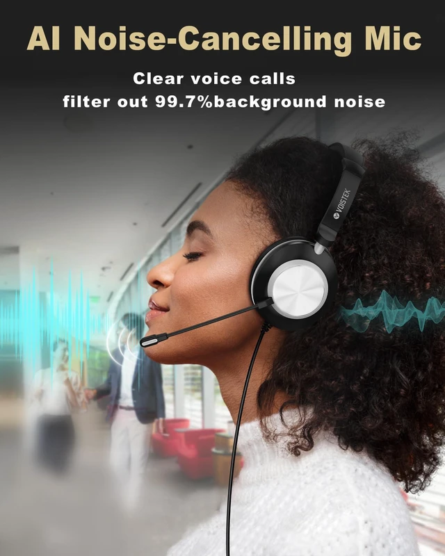 Alt view image 2 of 5 - Voistek USB Headset with Microphone for PC, Wired Work Headset (One Ear) Computer Headphones with Noise Cancelling Mic, Mute, Volume Controls for Office Call Center Home Work Skype Zoom Team Meetings