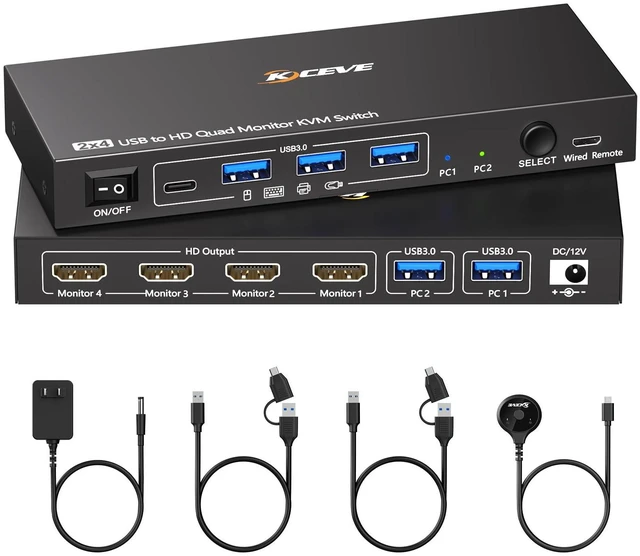 Main image of 4 Monitors KVM Switch 2 Computers 1080P@60Hz,USB 3.0 KVM Switch Quad Monitor for 2 PC Share 4 Monitor and Keyboard Mouse Printer,with Wired Remote and 2 USB Cables,Driver Installation is Required