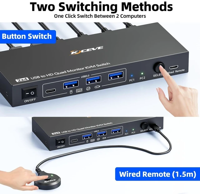 Alt view image 5 of 5 - 4 Monitors KVM Switch 2 Computers 1080P@60Hz,USB 3.0 KVM Switch Quad Monitor for 2 PC Share 4 Monitor and Keyboard Mouse Printer,with Wired Remote and 2 USB Cables,Driver Installation is Required