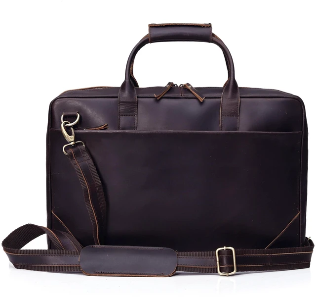 Main image of Full Grain Leather Slim Briefcase for Men 15.6 Inch Laptop Crossbody Shoulder Messenger Bags Brown Vintage Attache Case Business Work Lawyer Computer Bag