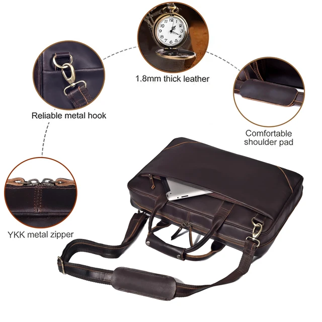 Alt view image 4 of 5 - Full Grain Leather Slim Briefcase for Men 15.6 Inch Laptop Crossbody Shoulder Messenger Bags Brown Vintage Attache Case Business Work Lawyer Computer Bag