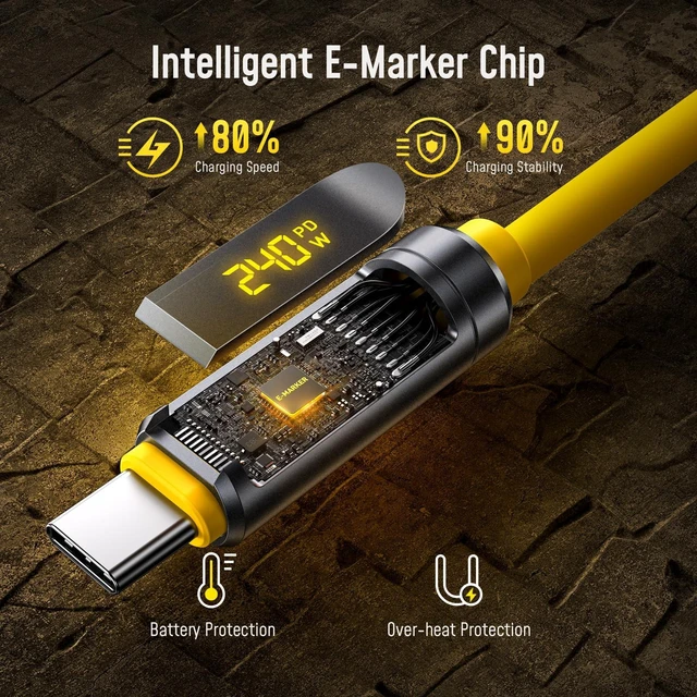 Alt view image 2 of 5 - AOHI USB4 2.0 Cable with LED Digital Display 3.3ft, 240W PD3.1 Fast Charging, 80Gbps Data Transfer, Dual 8K Display, The Adonis USB C Cable for MacBook Pro/iPhone 17 Pro Max/Galaxy/SSD/Docking,Yellow