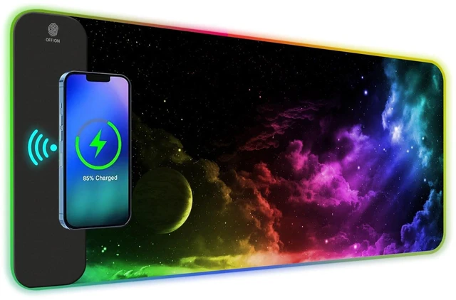Main image of AIMSA Wireless Charging RGB Gaming Mouse Pad 15W, Extended LED Desk Mat Protector 800x300x4MM, 14 Light Modes Extra Large Mousepad Non-Slip Rubber Base Desk Mat, Nebula Universe