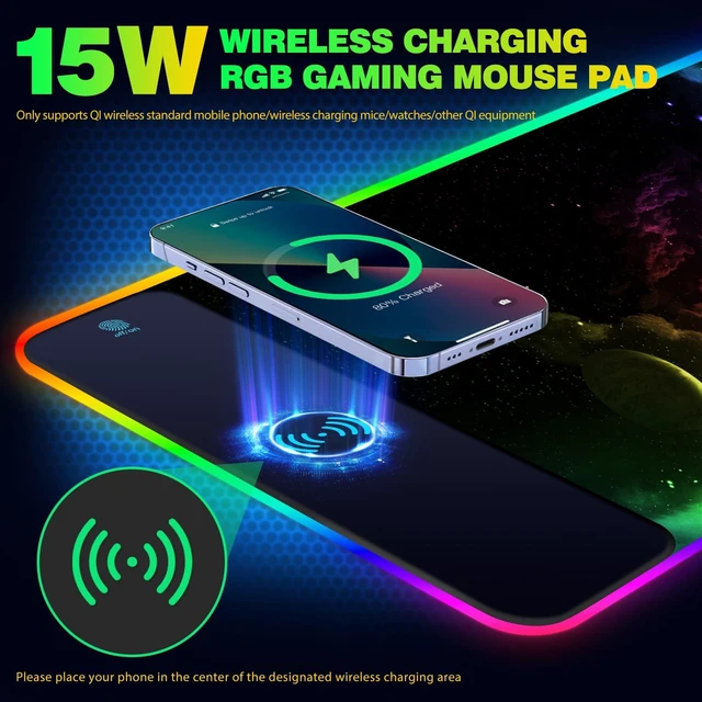 Alt view image 3 of 5 - AIMSA Wireless Charging RGB Gaming Mouse Pad 15W, Extended LED Desk Mat Protector 800x300x4MM, 14 Light Modes Extra Large Mousepad Non-Slip Rubber Base Desk Mat, Nebula Universe
