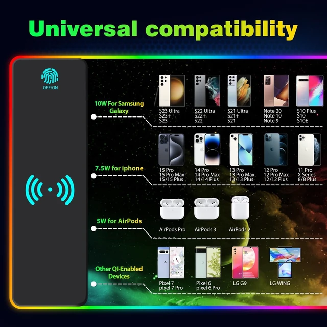 Alt view image 5 of 5 - AIMSA Wireless Charging RGB Gaming Mouse Pad 15W, Extended LED Desk Mat Protector 800x300x4MM, 14 Light Modes Extra Large Mousepad Non-Slip Rubber Base Desk Mat, Nebula Universe