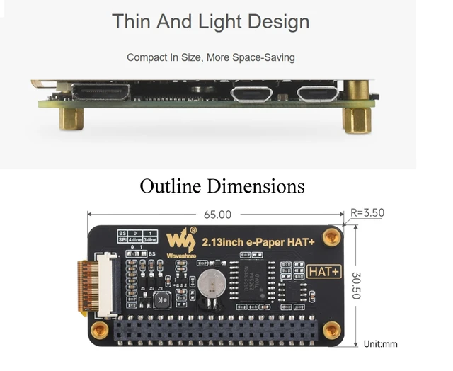 Alt view image 5 of 5 - 2.13inch E-Paper HAT+ for Raspberry Pi 5/ 4B/3B+/3B/2B/A+/Zero W/WH/Zero 2 W/Jetson Nano, E-Ink Display HAT+ Standard 250x122 Pixel SPI Interface with Pwnagotchi Tutorial Support Partial Refresh