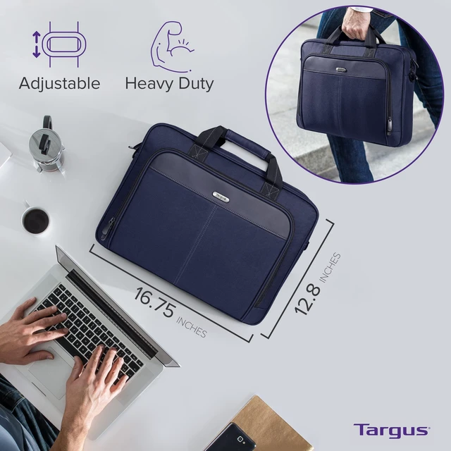 Alt view image 2 of 5 - Targus 15-16 Inch Classic Slim Laptop Bag, Blue - Ergonomic Briefcase and Messenger Bag - Spacious Foam Padded Laptop Bag for 16" Laptops and Under (TCT027US)