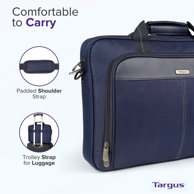 Alt view image 3 of 5 - Targus 15-16 Inch Classic Slim Laptop Bag, Blue - Ergonomic Briefcase and Messenger Bag - Spacious Foam Padded Laptop Bag for 16" Laptops and Under (TCT027US)