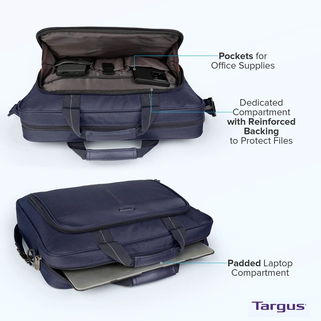 Alt view image 4 of 5 - Targus 15-16 Inch Classic Slim Laptop Bag, Blue - Ergonomic Briefcase and Messenger Bag - Spacious Foam Padded Laptop Bag for 16" Laptops and Under (TCT027US)