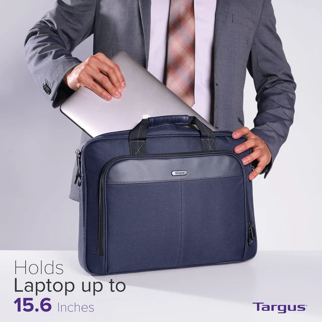 Alt view image 5 of 5 - Targus 15-16 Inch Classic Slim Laptop Bag, Blue - Ergonomic Briefcase and Messenger Bag - Spacious Foam Padded Laptop Bag for 16" Laptops and Under (TCT027US)