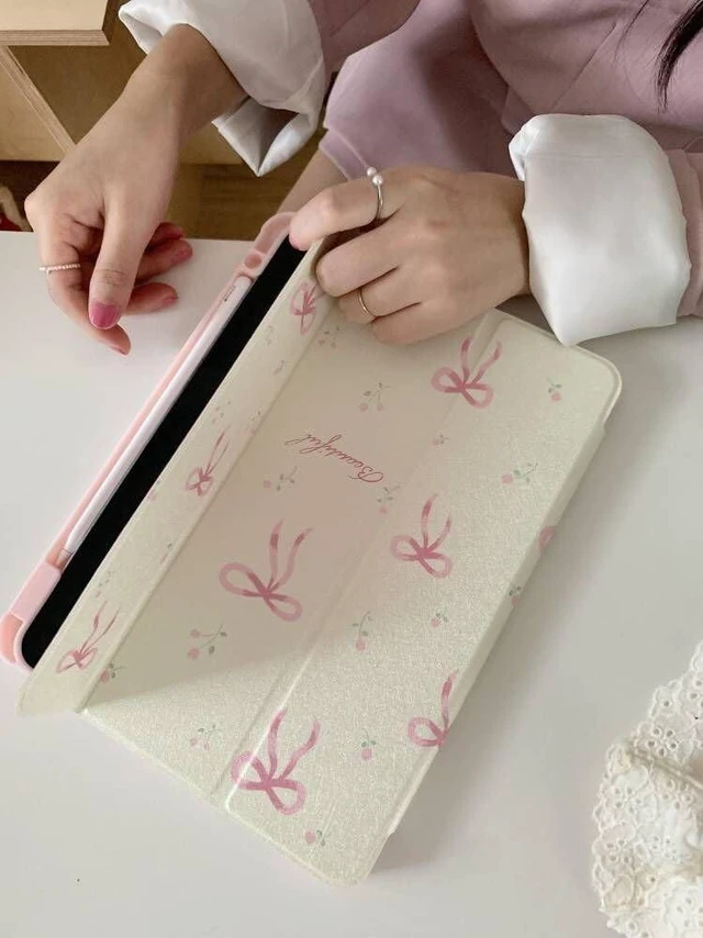 Alt view image 5 of 5 - Auto Sleep/Wake Leather Folio Case with Kickstand Stylus Holder for Apple iPad 8 10.2-inch 8th Generation 2020 Pink Bow Beautiful Floral Cute Chic Adorable Lovely Girls Kids