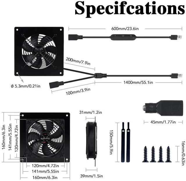 Alt view image 3 of 5 - xiaoqijia USB 120MM Cabinet Fan 5V Quiet Cooling Fan DC 12V IPX5 Waterproof Fan System 6" with 10 Speed Control, for Home Theater AV Cabinet,Server Cabinet,Dog kennels,Greenhouse Cooling