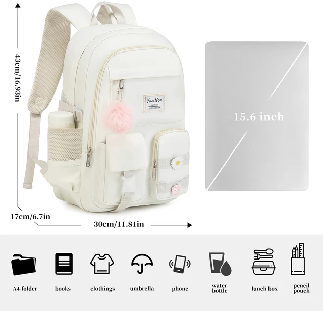 Alt view image 3 of 5 - YAMTION School Backpack for Teen Girls,15.6in Laptop Backpack Kids Bookbag for Middle School College Students,Cute School Bag for Women (Beige, Fits 15.6in PC)