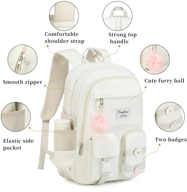 Alt view image 4 of 5 - YAMTION School Backpack for Teen Girls,15.6in Laptop Backpack Kids Bookbag for Middle School College Students,Cute School Bag for Women (Beige, Fits 15.6in PC)