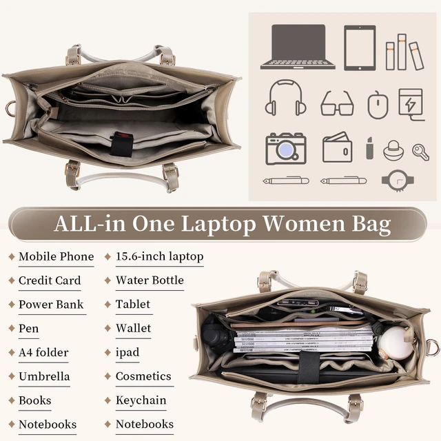 Alt view image 3 of 5 - IGOLUMON Laptop Bag for Women 15.6 inch Waterproof Tote Leather Work purse Office Travel Handbag Shoulder Khaki