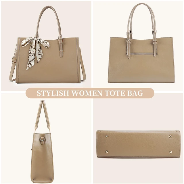 Alt view image 5 of 5 - IGOLUMON Laptop Bag for Women 15.6 inch Waterproof Tote Leather Work purse Office Travel Handbag Shoulder Khaki