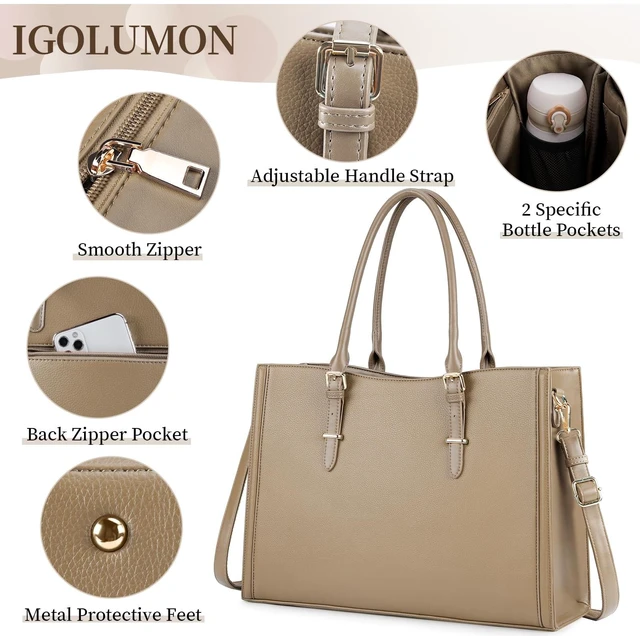 Alt view image 4 of 5 - IGOLUMON Laptop Bag for Women 15.6 inch Waterproof Tote Leather Work purse Office Travel Handbag Shoulder Khaki
