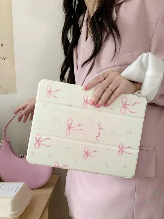 Alt view image 3 of 5 - Adjustable Kickstand Mirror Leather Hard Folio Case for Apple Cream White Color Pink Bow Ribbon Beautiful Floral Cute Chic Adorable Lovely Girls Kids (for iPad Air M2 6 (6th Generation 2024) 13-Inch)