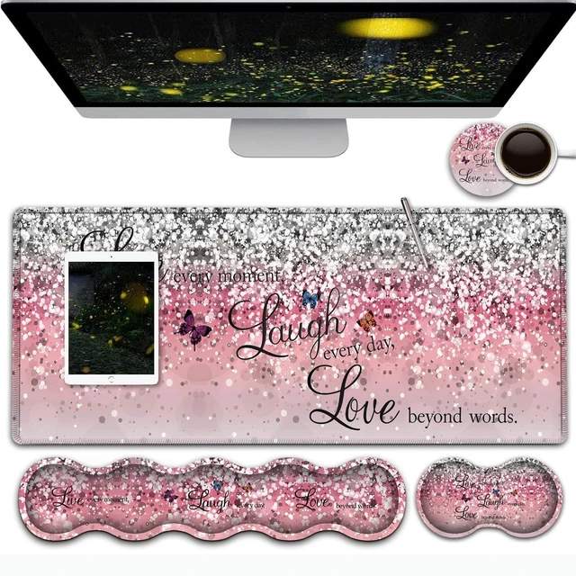 Main image of Pink Gaming Mouse Pad,Large Mouse Pad with Stitched Edge,Non-Slip Base Office Desk Pad Ergonomic Keyboard Wrist Rest Set,Waterproof Writing Pad, Quotes and Butterfly Pattern Extended XXL Desk Mat